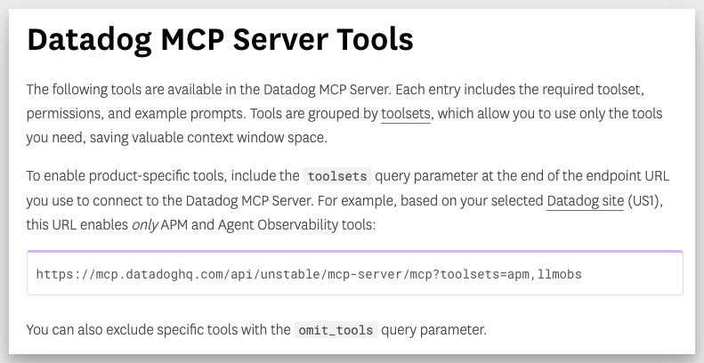 The Datadog MCP Server Tools documentation page, showing tools grouped into toolsets and a toolsets query parameter that scopes the endpoint URL to a subset of tools.