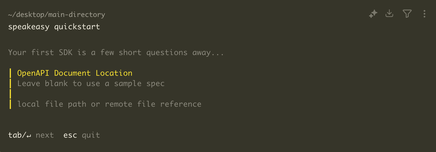 A screenshot of the speakeasy quickstart command in the CLI.