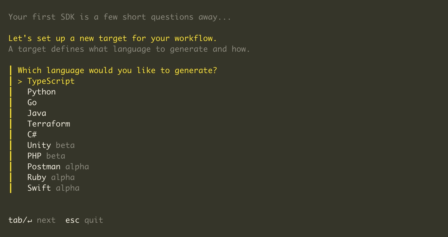 A screenshot of the CLI prompting the user to select their generation language.