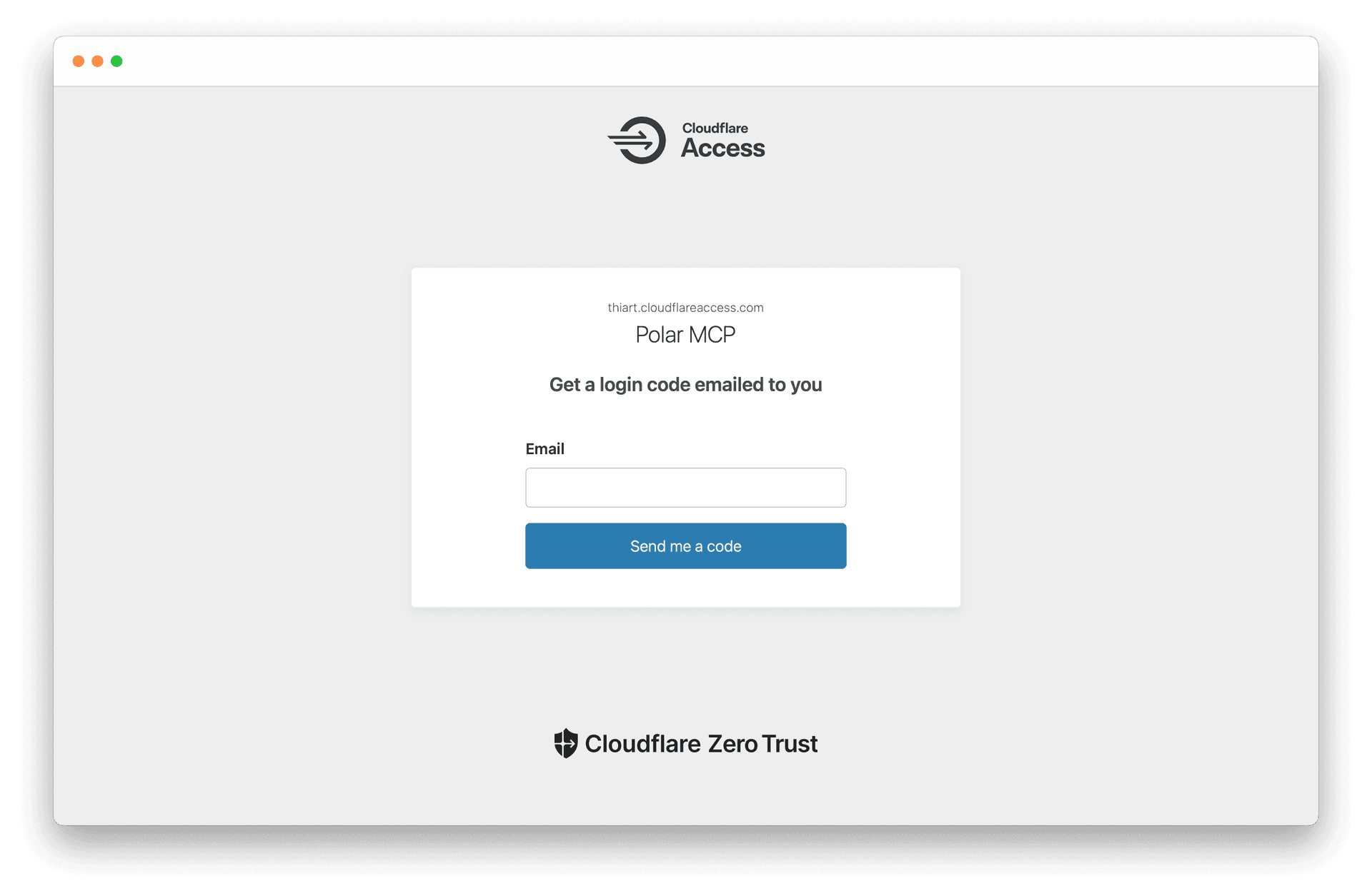 A screenshot shows the Cloudflare Access login screen with a header showing the Cloudflare Access logo. The main panel displays a form titled "Get a login code emailed to you" with an email input field and a blue "Send me a code" button. Below the form is the hostname "cloudflareaccess.com" and "Polar MCP" text. At the bottom of the screen, there's a Cloudflare Zero Trust logo.