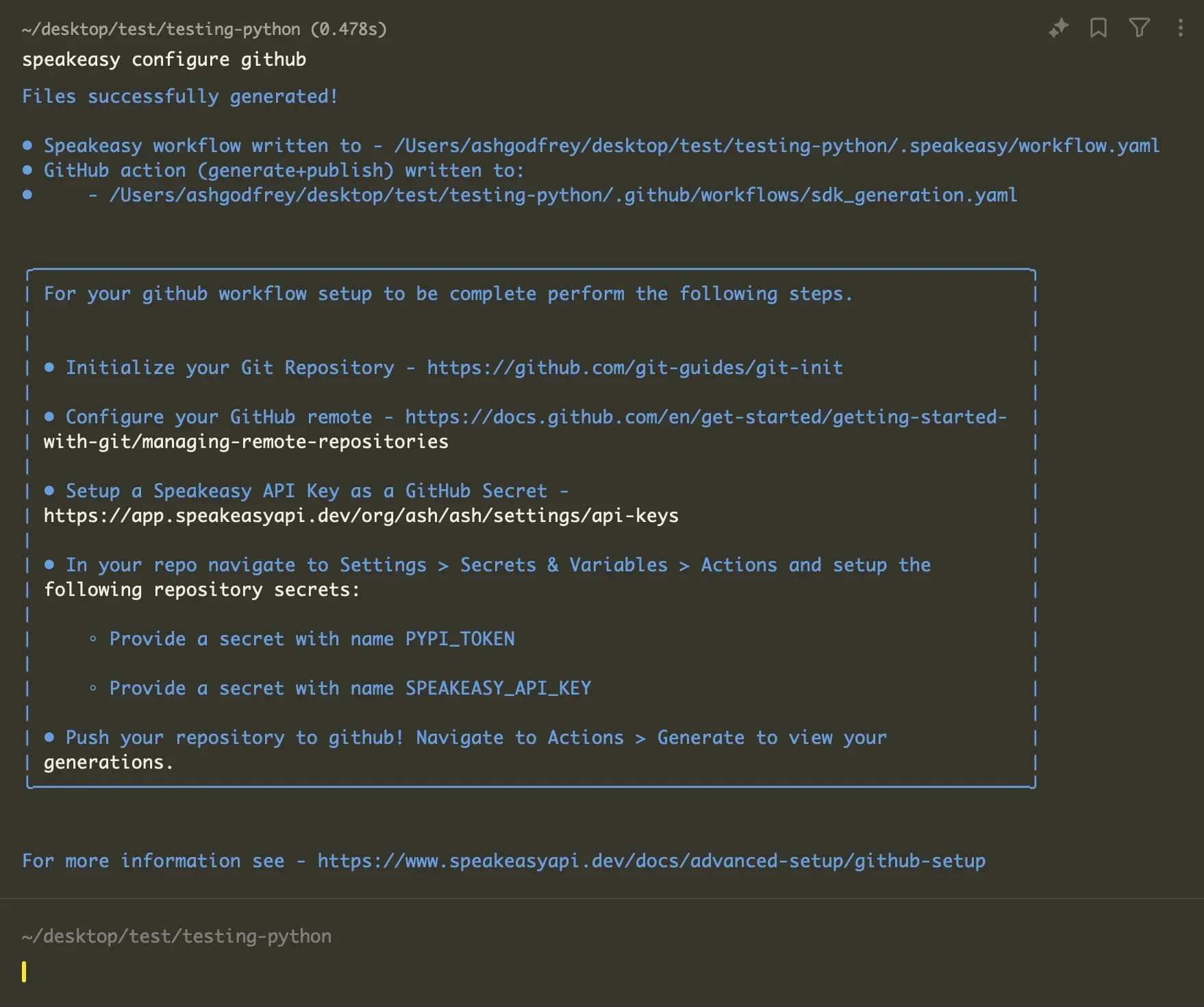 Screenshot of the terminal after successfully running Speakeasy configure Github.