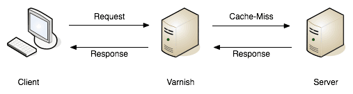 A sequence diagram showing a Client, Cache Proxy, and Server. A web request travels from client to proxy, then is sent on to the server, showing a "cache miss". The response then travels back from the server to the cache proxy, and then is sent to the client