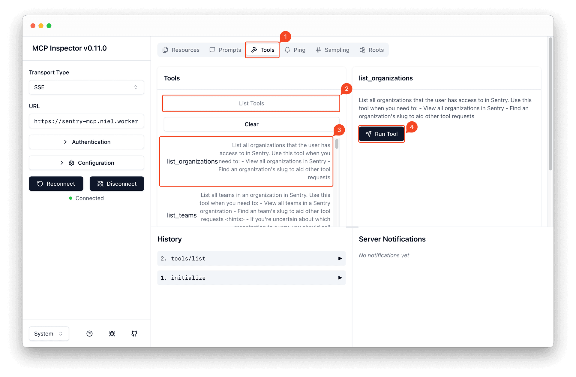 A screenshot shows the MCP Inspector web interface focused on the Tools tab. The main panel displays a list of available tools, including list_organizations and list_teams, with descriptions explaining their functions. The right panel shows details for the list_organizations tool and a prominent Run Tool button. The interface uses a clean, modern design with a light background and clear section headers. Text in the image includes: Tools, List Tools, Clear, list_organizations, List all organizations that the user has access to in Sentry. Use this tool when you need to: View all organizations in Sentry, Find an organization's slug to aid other tool requests, list_teams, and Run Tool.
