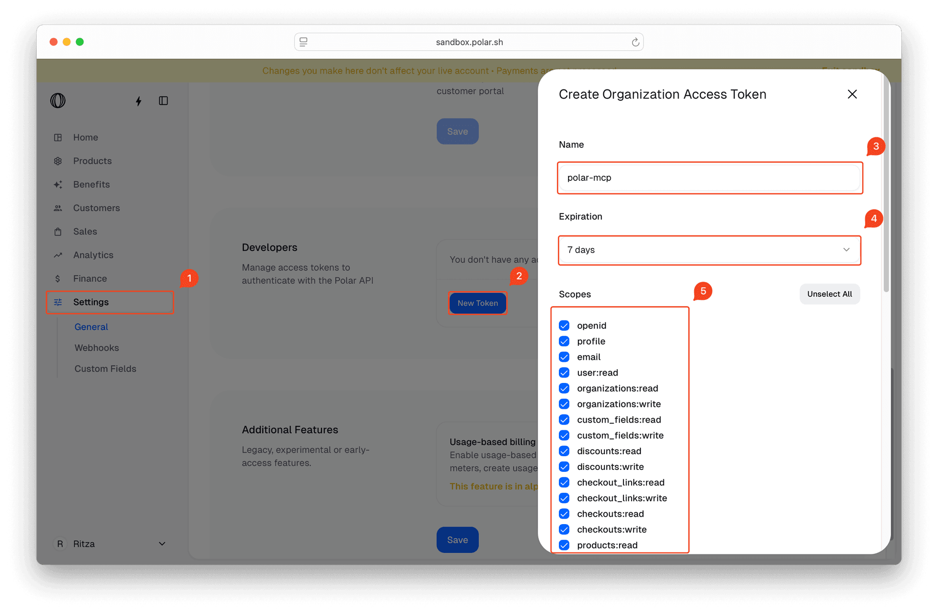 A screenshot of the Polar web interface shows the Create Organization Access Token dialog, which contains fields for Name, Expiration, and Scopes. The Name field is filled with polar-mcp. Expiration is set to 7 days. The Scopes section lists multiple permissions, each with a checkbox, including openid, profile, email, user:read, organizations:read, organizations:write, custom_fields:read, custom_fields:write, discounts:read, discounts:write, checkout_links:read, checkout_links:write, checkouts:read, checkouts:write, and products:read. All checkboxes are selected. The wider interface shows a sidebar with navigation options such as Home, Products, Benefits, Customers, Sales, Analytics, Finance, and Settings, with Settings highlighted.