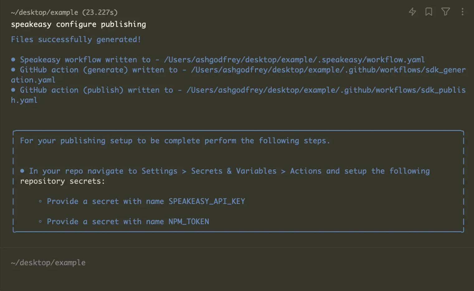 Screenshot of the terminal after succesfully running Speakeasy configure publishing.