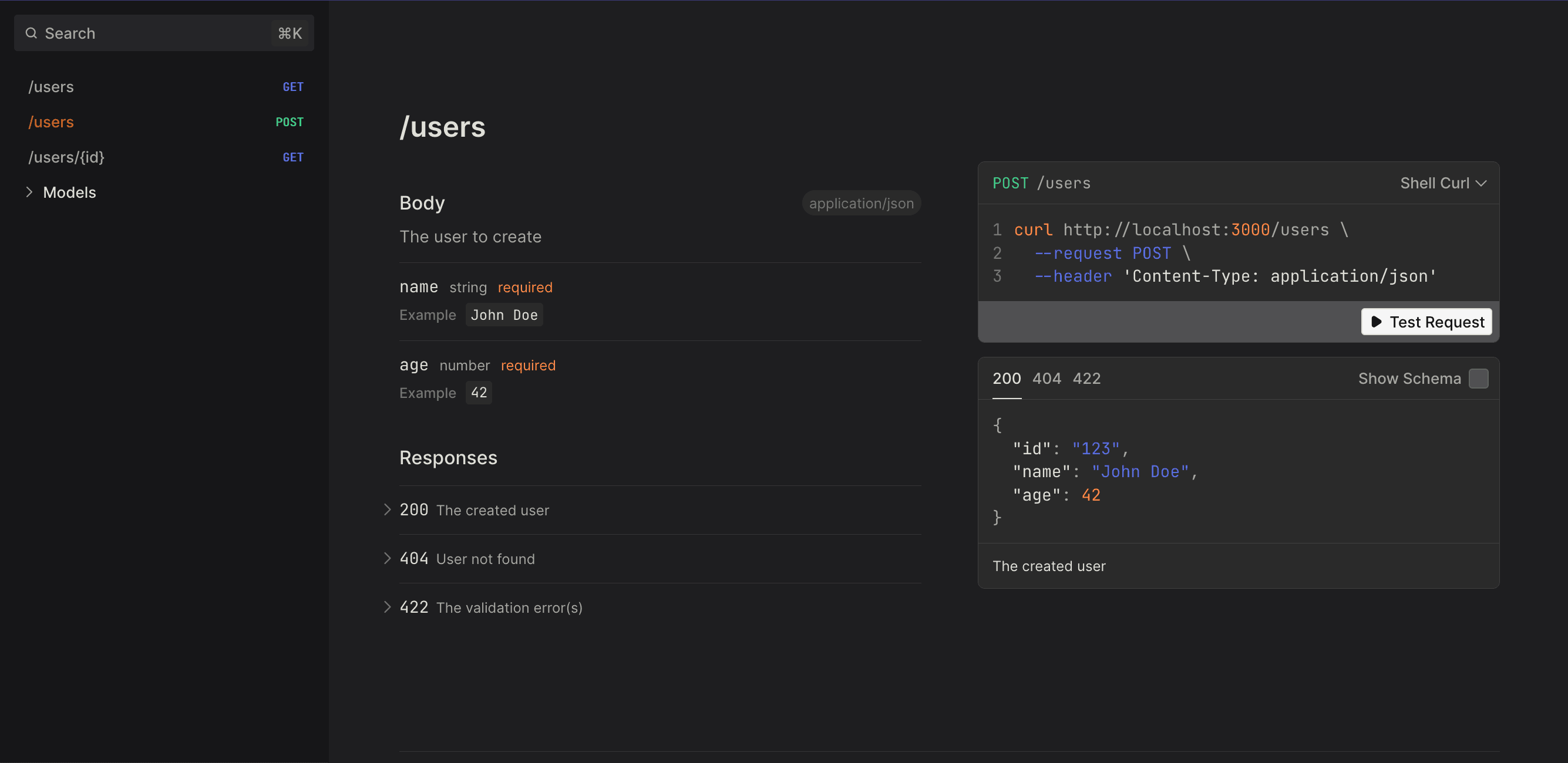 Scalar UI POST request example values