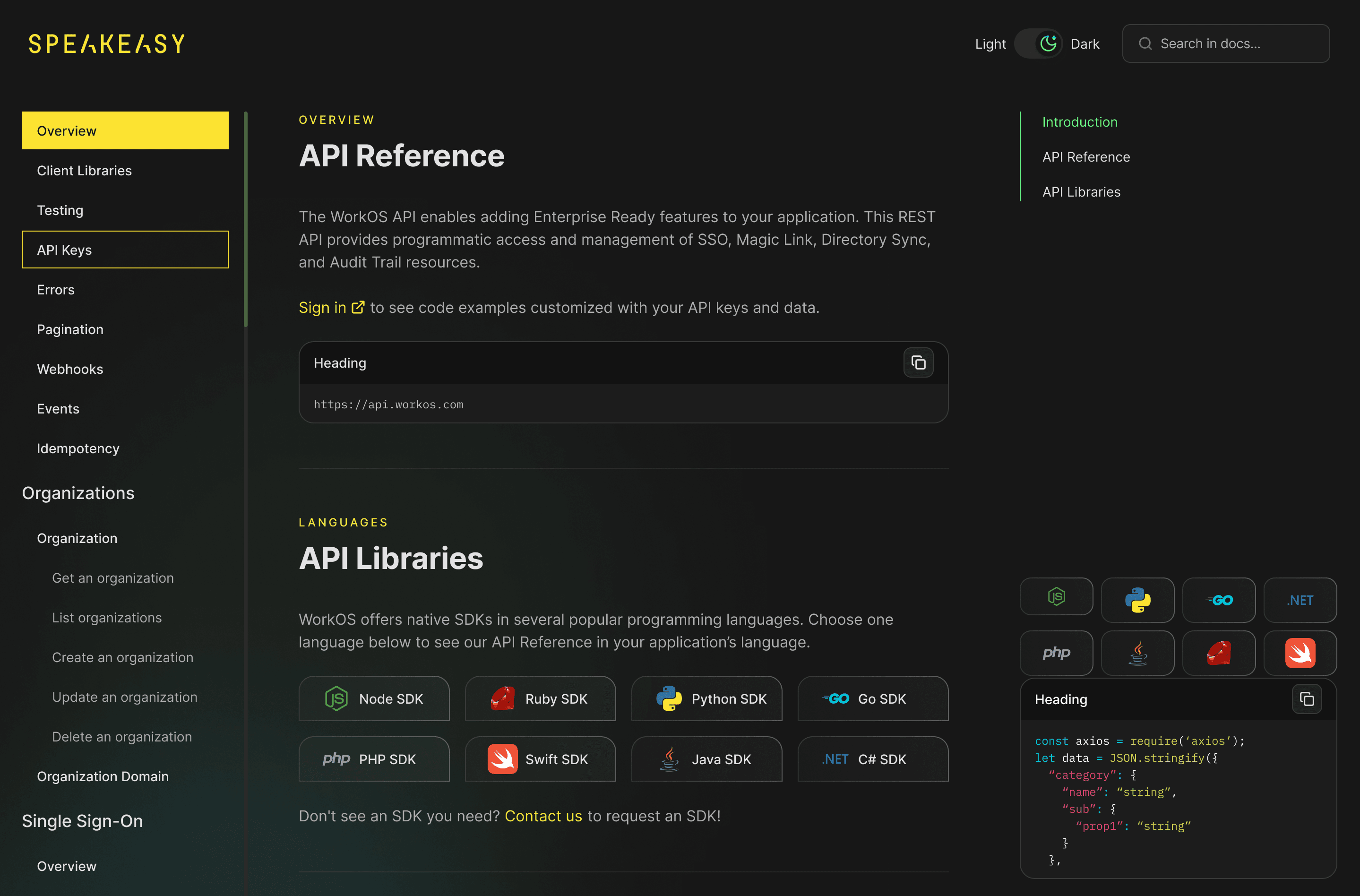 API docs with SDKs featured