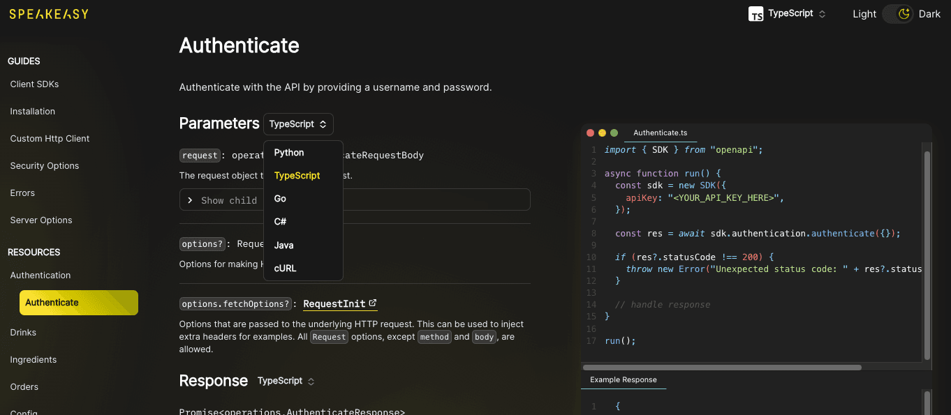 API docs with SDKs featured