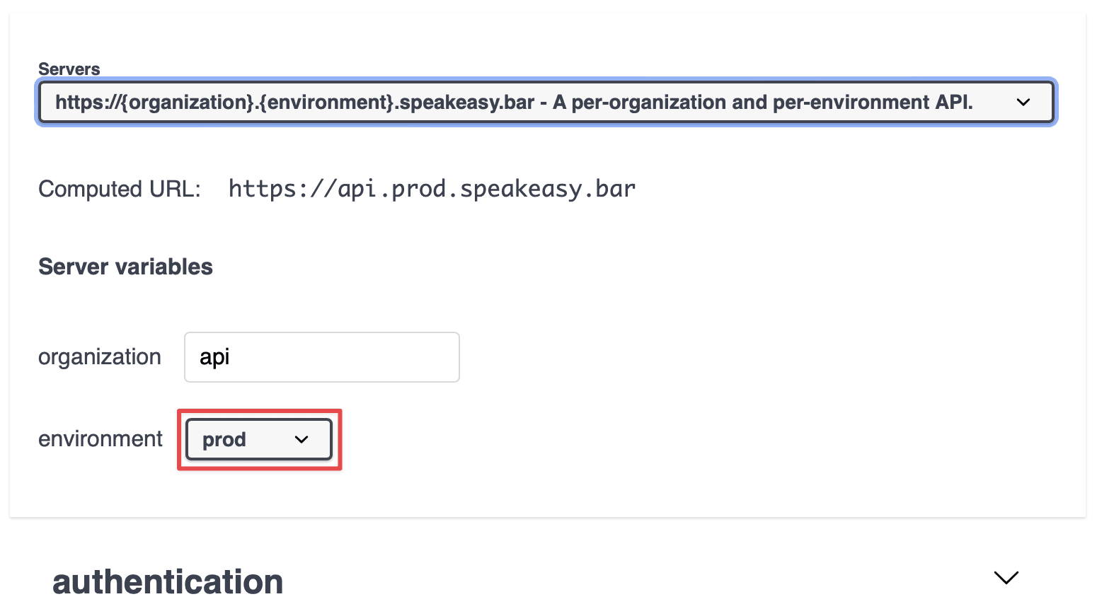 Screenshot showing the Swagger UI server selector with a variable's default value highlighted