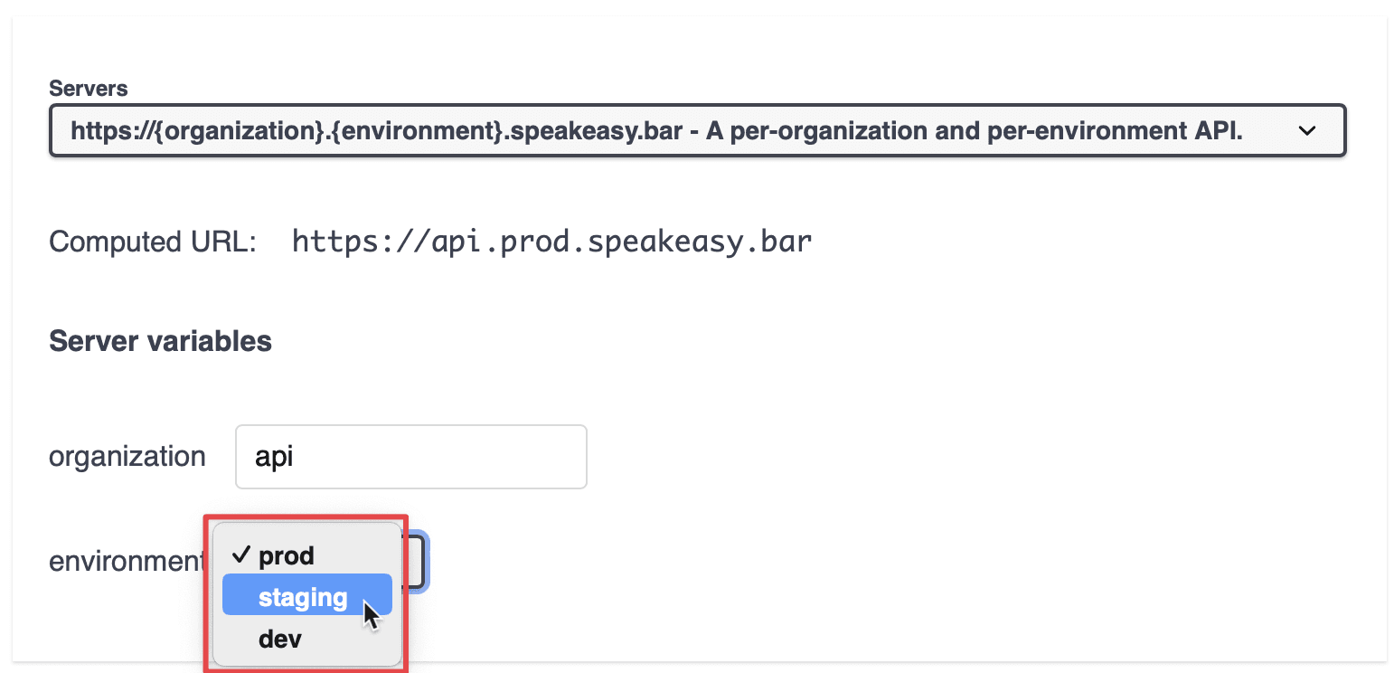 Screenshot showing the Swagger UI server selector with a variable's enum highlighted