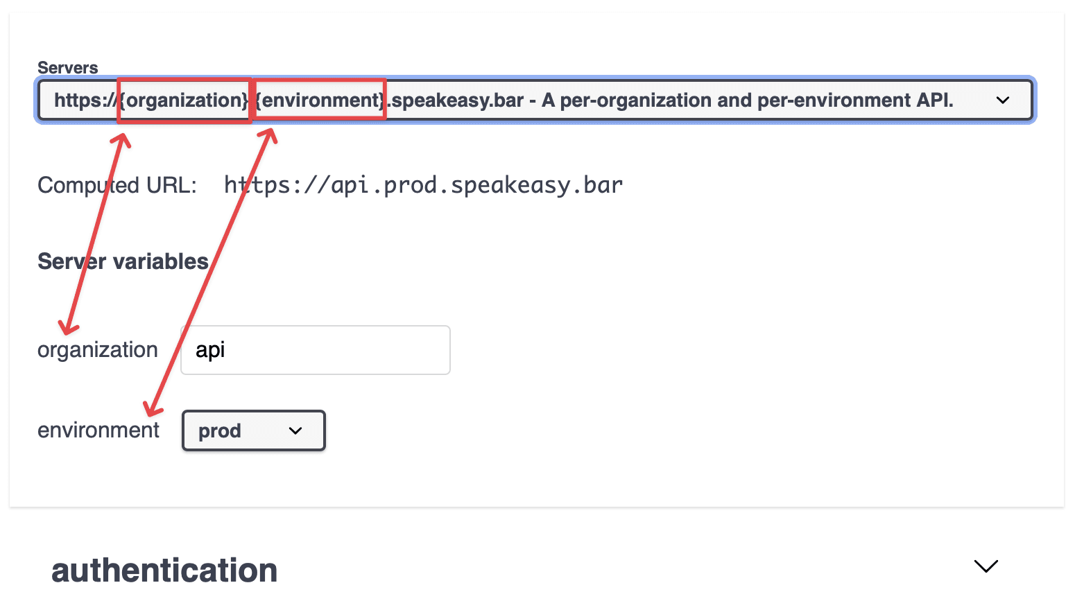 Screenshot showing the Swagger UI server selector with variables highlighted