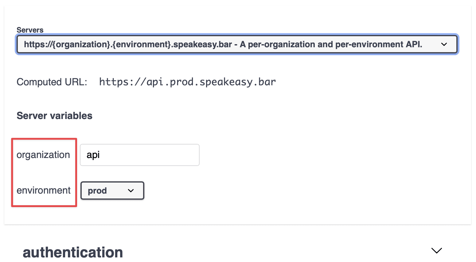 Screenshot showing the Swagger UI server selector showing how variable names are used in the template