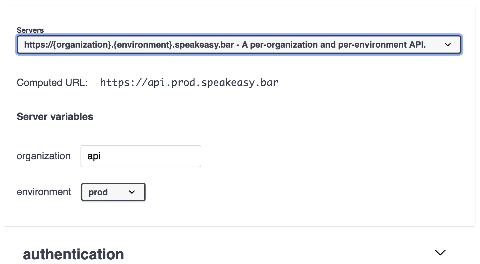 Screenshot showing the Swagger UI server selector with variables
