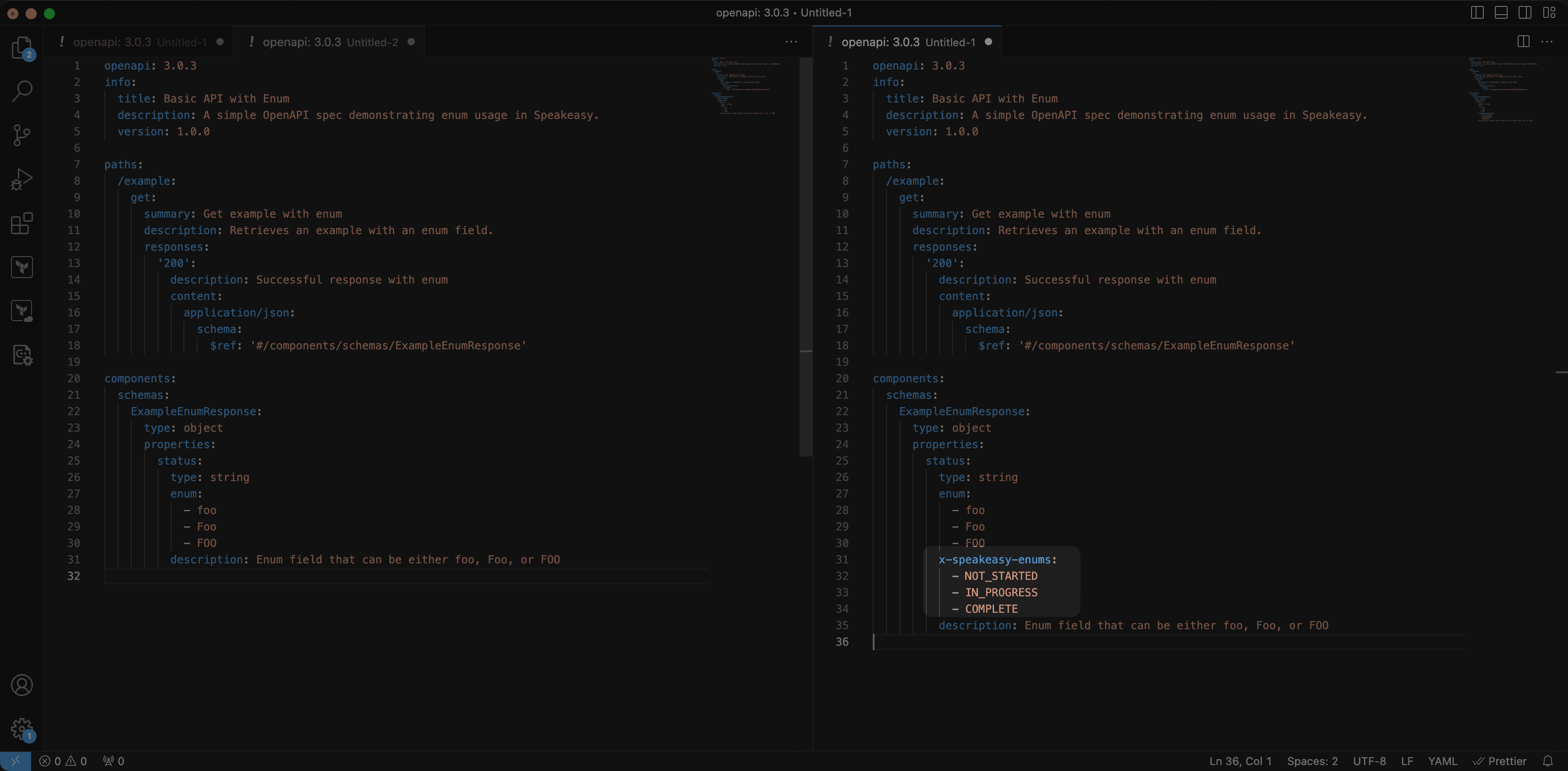 Screenshot showing a speakeasy extension in VS code editor.