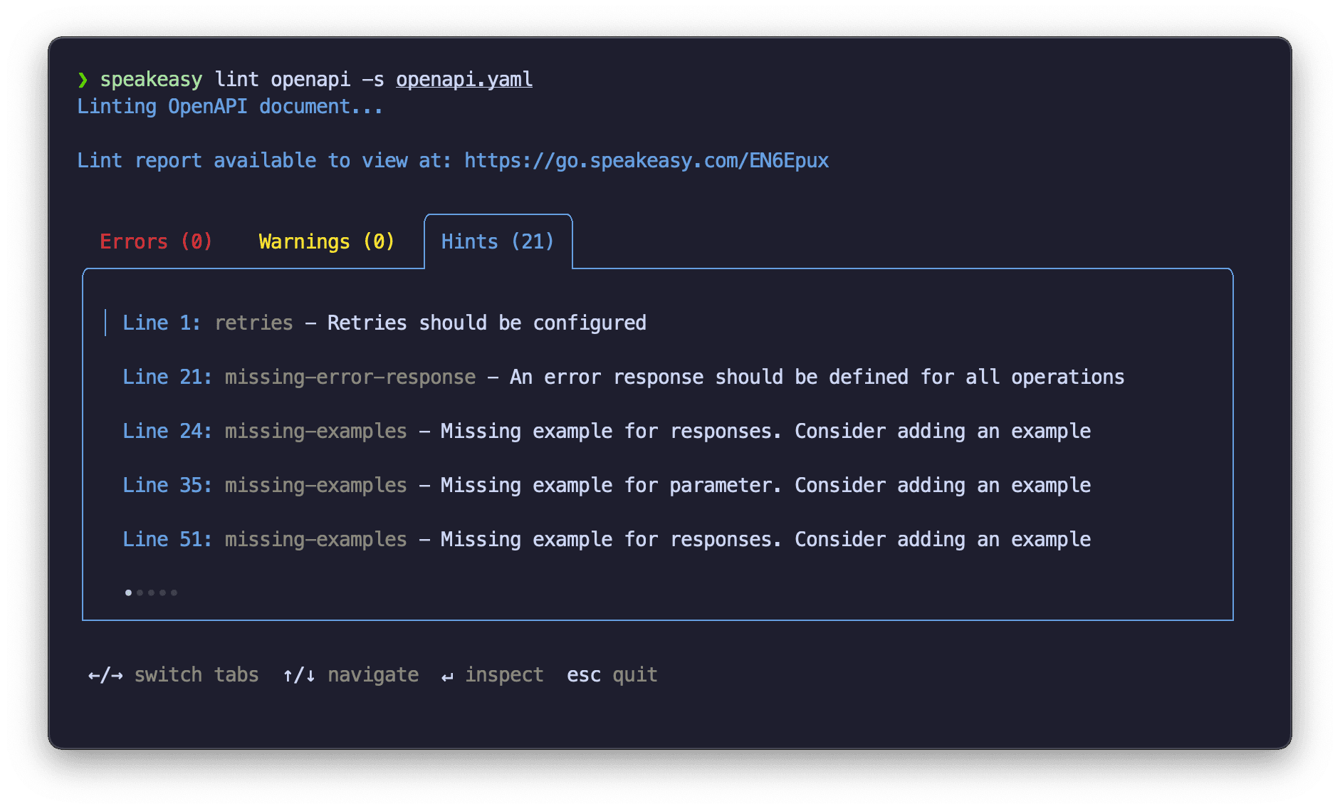 Screenshot of a terminal showing output from the Speakeasy CLI lint command