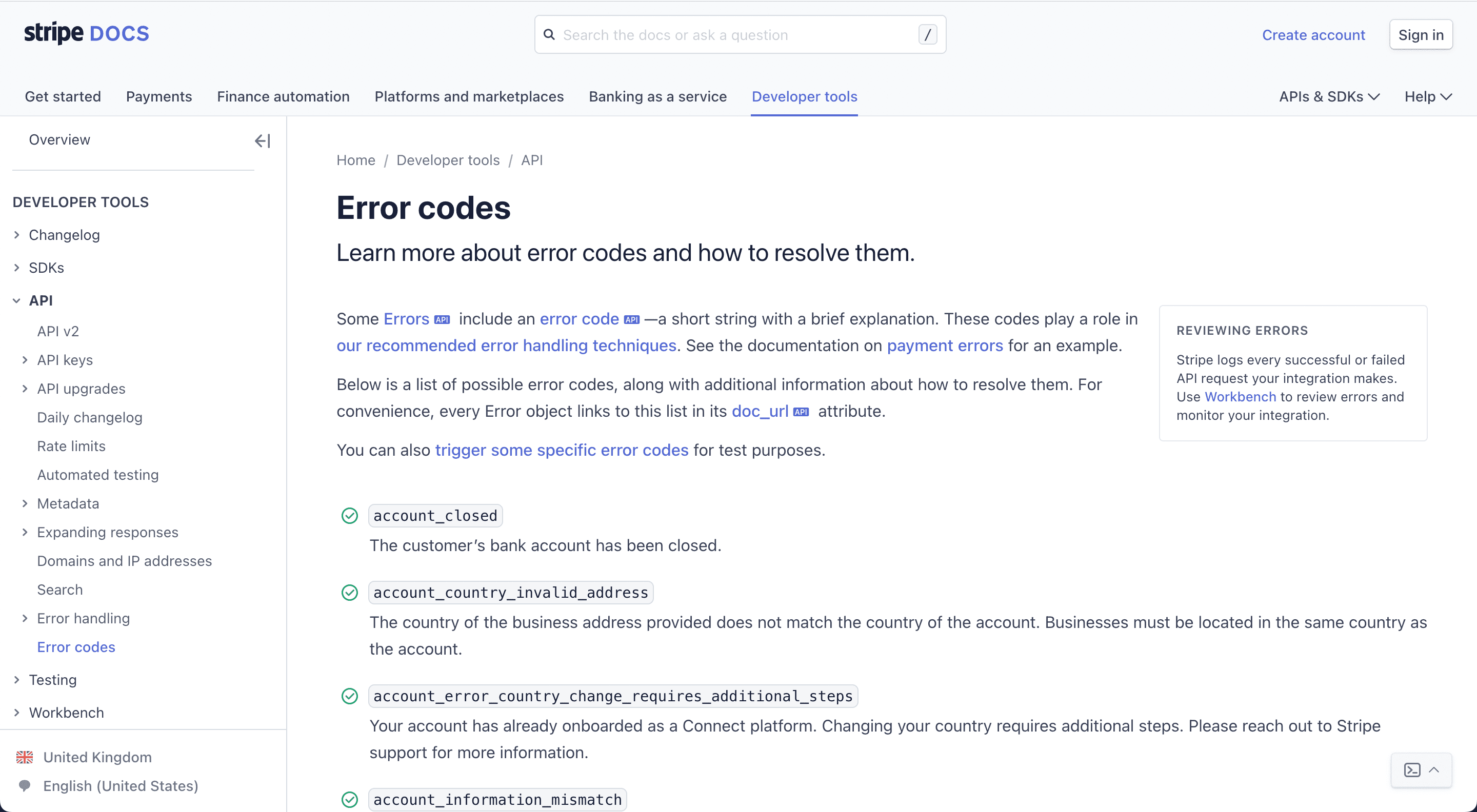 Screenshot of Stripe.com API documentation's "Error Codes" page, which explains how "error codes" are added to provide extra information on top of HTTP status codes.