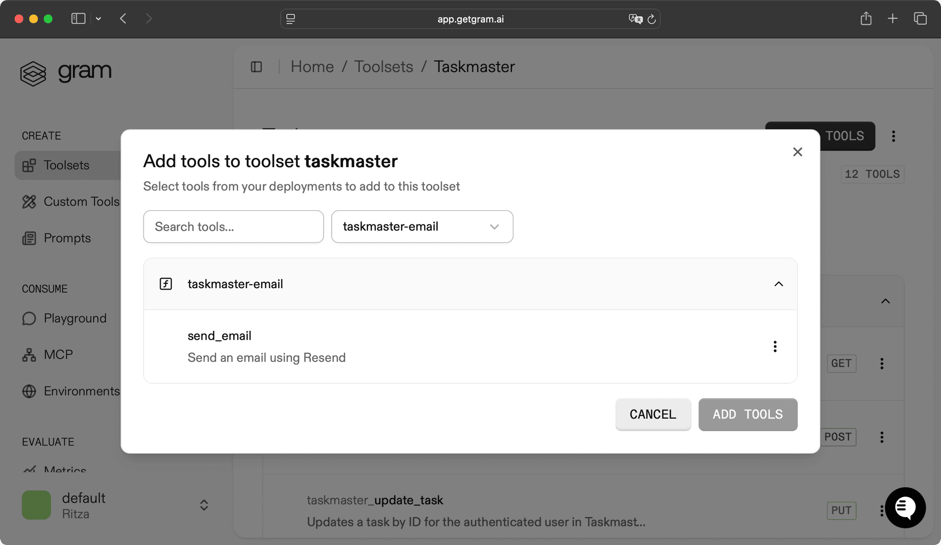 Screenshot showing the Add Tool dialog with the send_email function selected