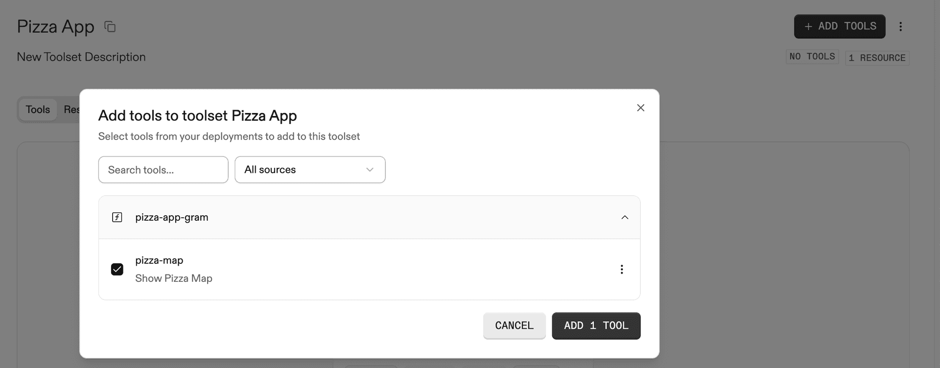 Adding the Pizza App tool to the toolset