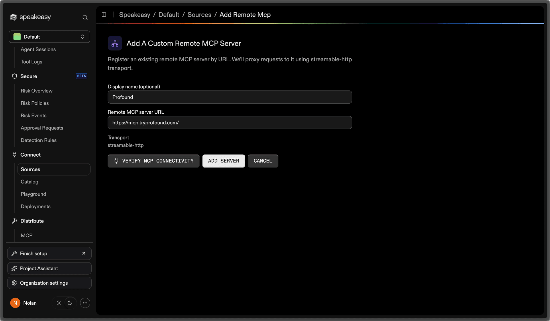 The Add a custom remote MCP server form in the Speakeasy dashboard, with fields for a display name and the remote MCP server URL, the streamable-http transport, and a button to verify MCP connectivity before adding the server.