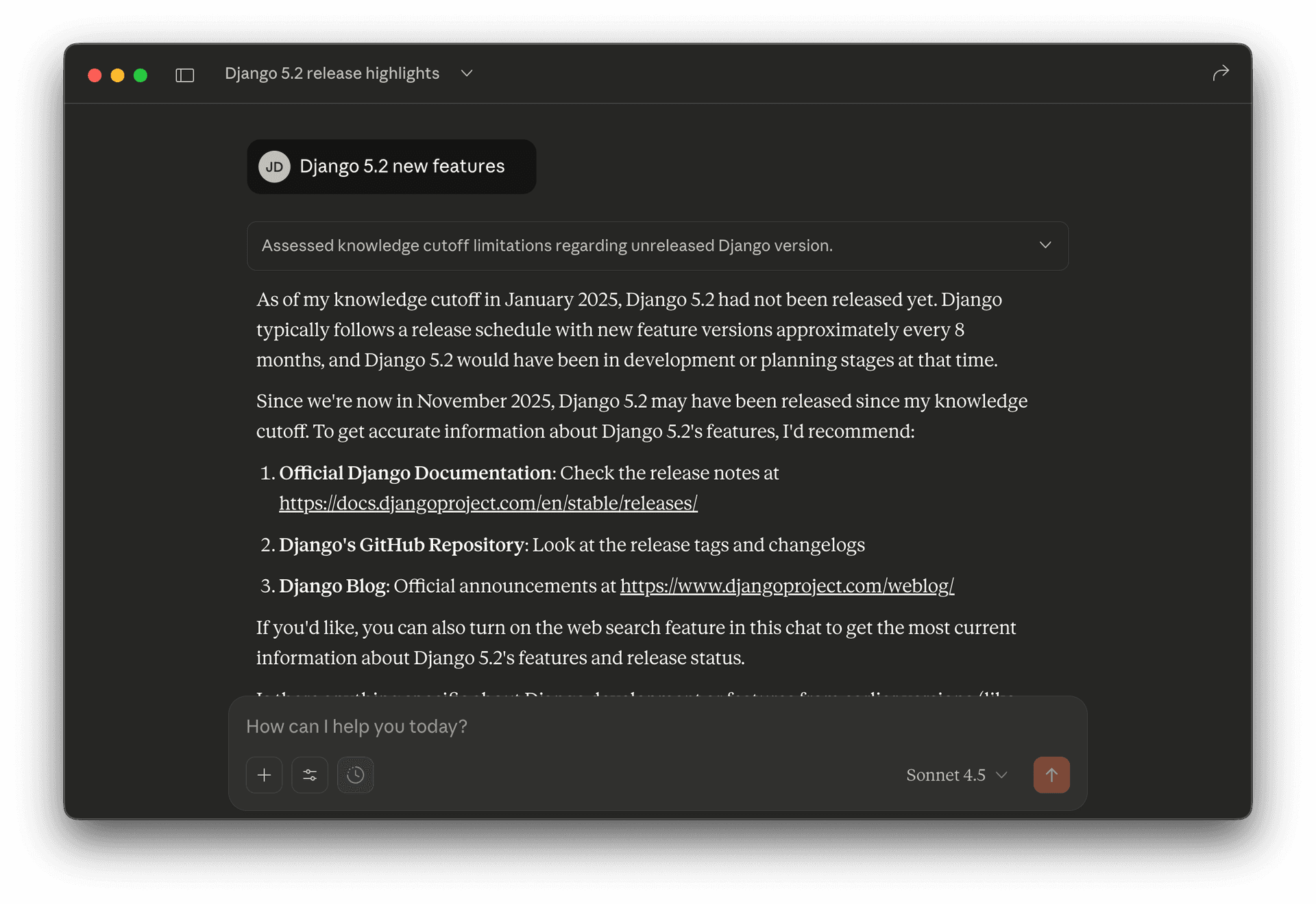 Claude has no knowledge of Django 5.2