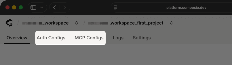 Composio dashboard showing Auth Configs and MCP Configs sections