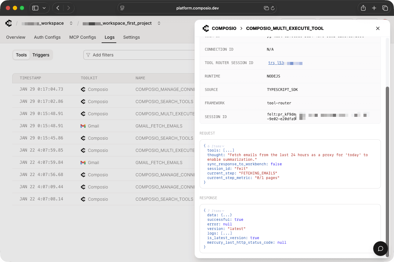 Composio log details showing request parameters and response bodies