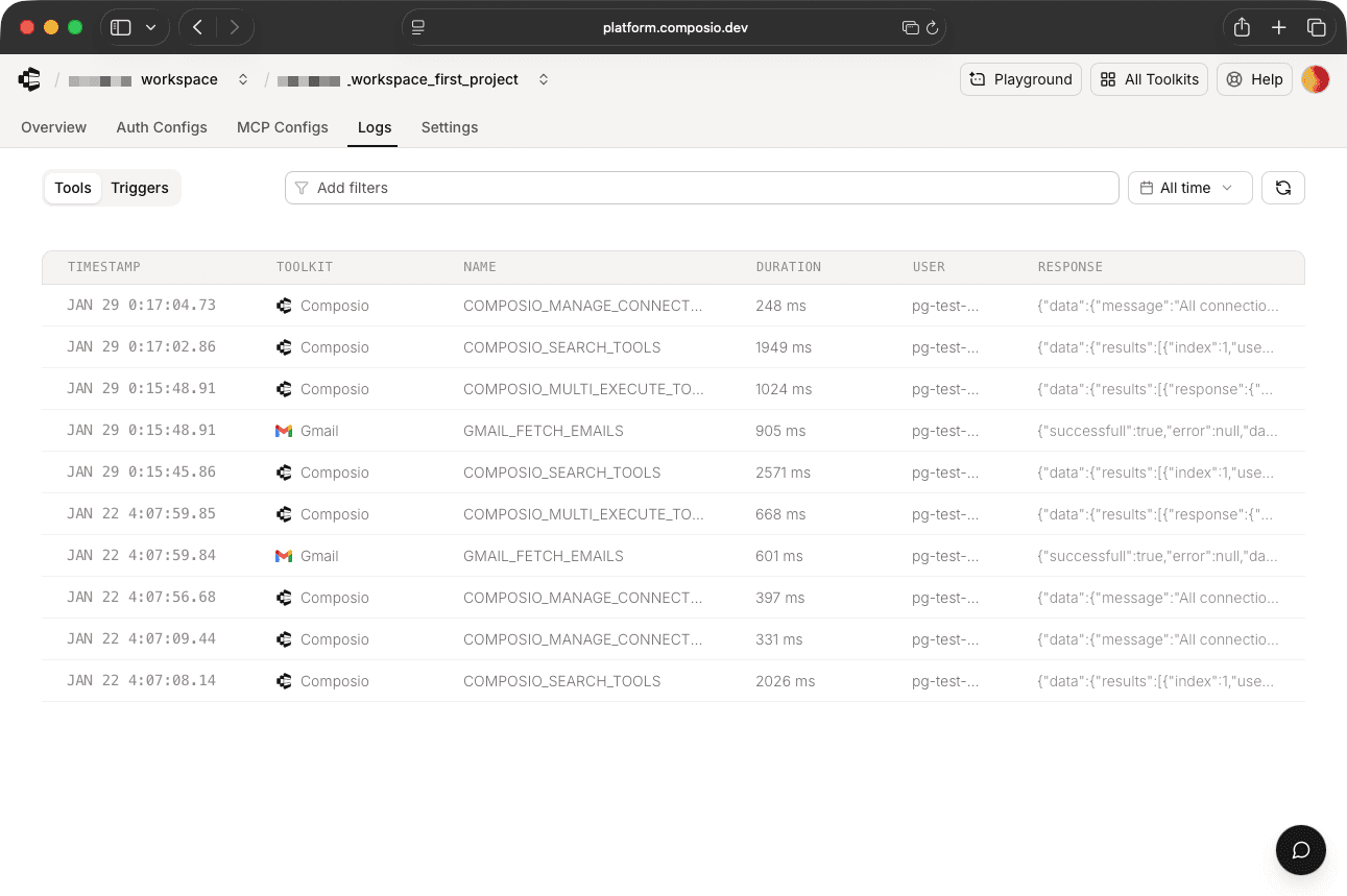 Composio logging dashboard displaying tool call requests