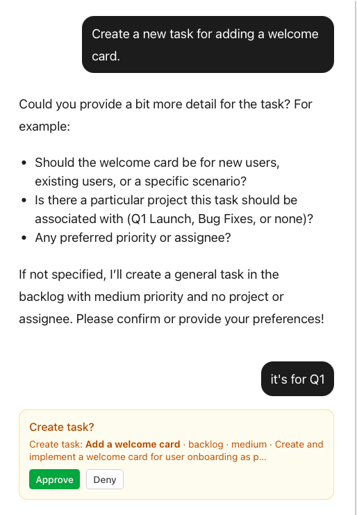 CopilotKit approval card for user confirmation before action execution