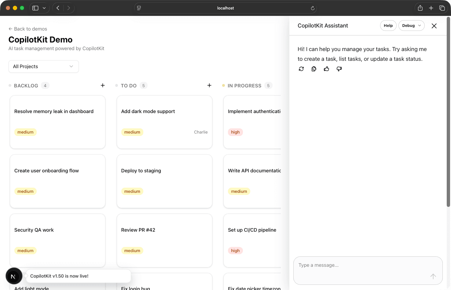 CopilotKit creating a task on the board via chat