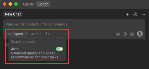 Screenshot of Cursor AI's auto mode feature showing intelligent model selection based on query complexity and context requirements