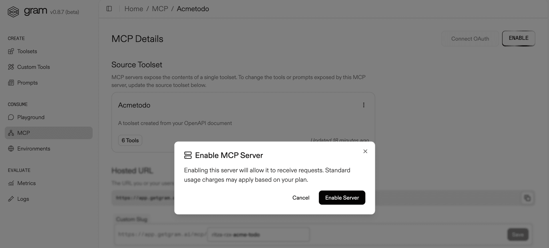 Screenshot showing the enable button to enable the MCP server