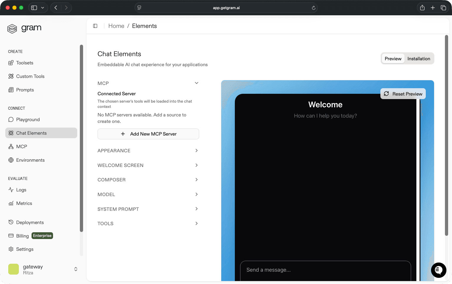 Gram chat experiences for embedding in applications