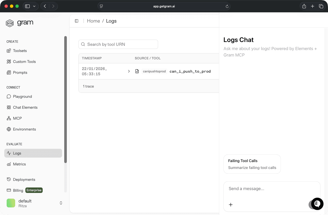 Gram logging interface showing real-time requests