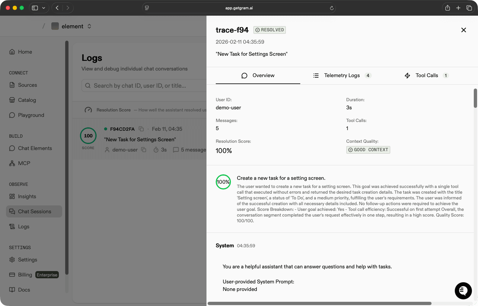 Gram session thread history for auditing
