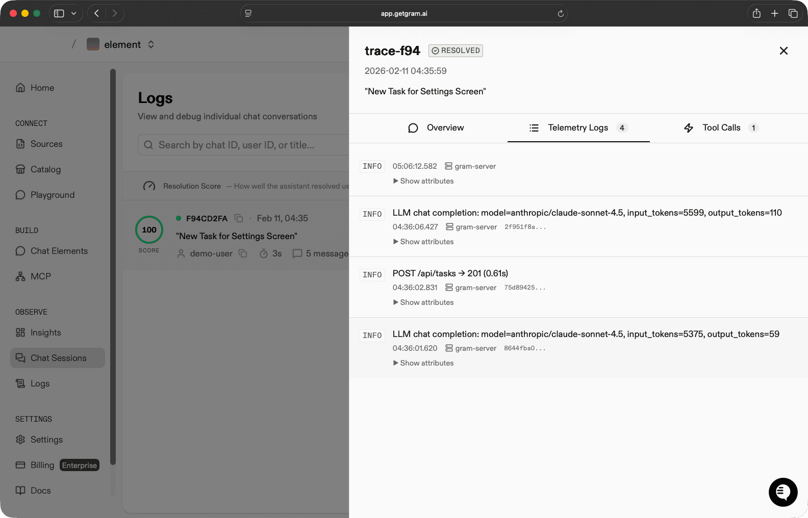Gram telemetry logs with token usage