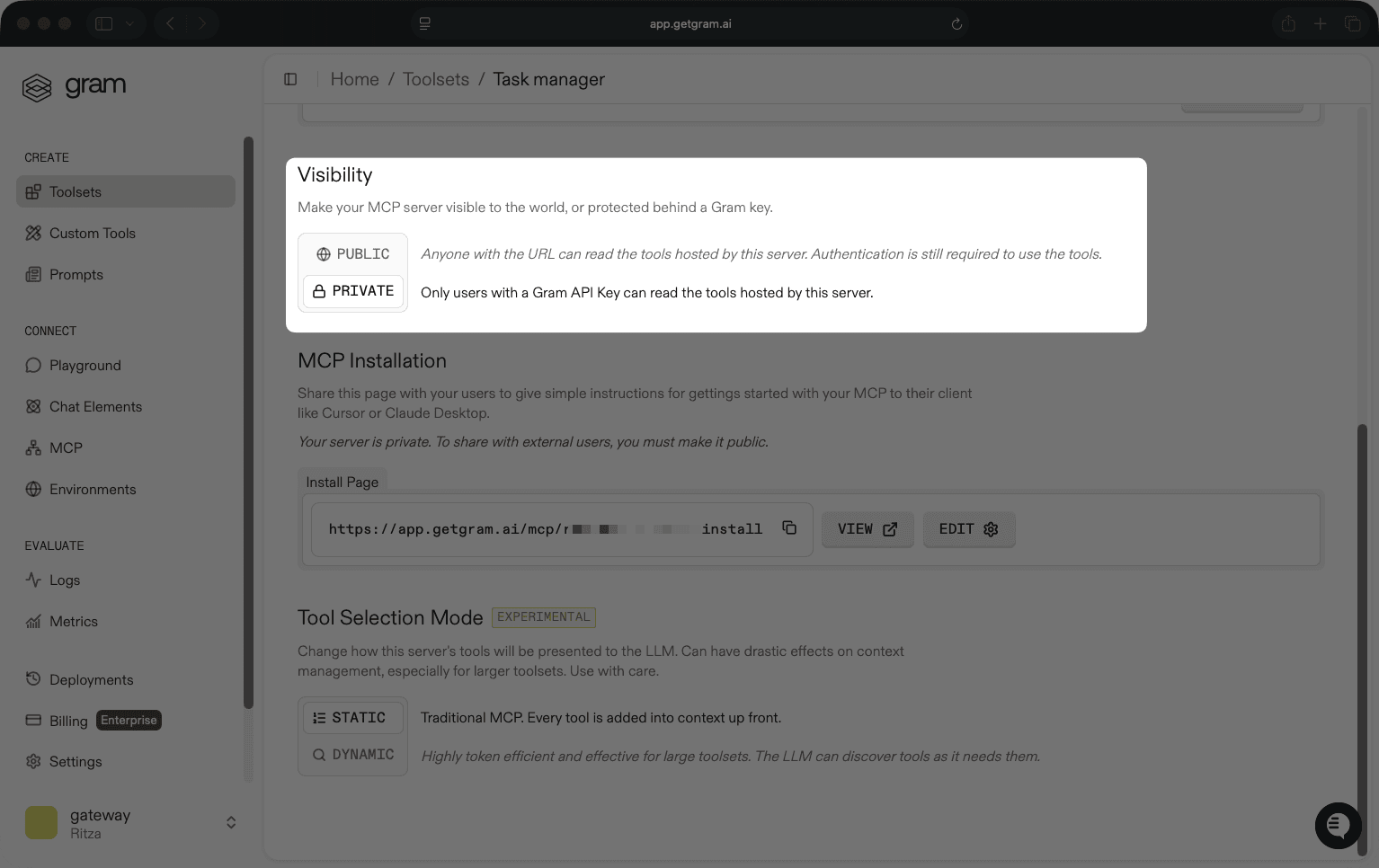Gram visibility settings for private and public access modes