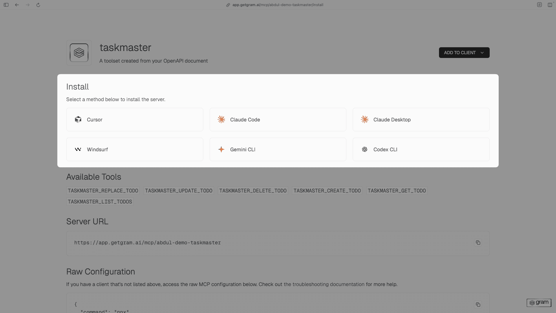 Screenshot showing the Gram installation page with client options