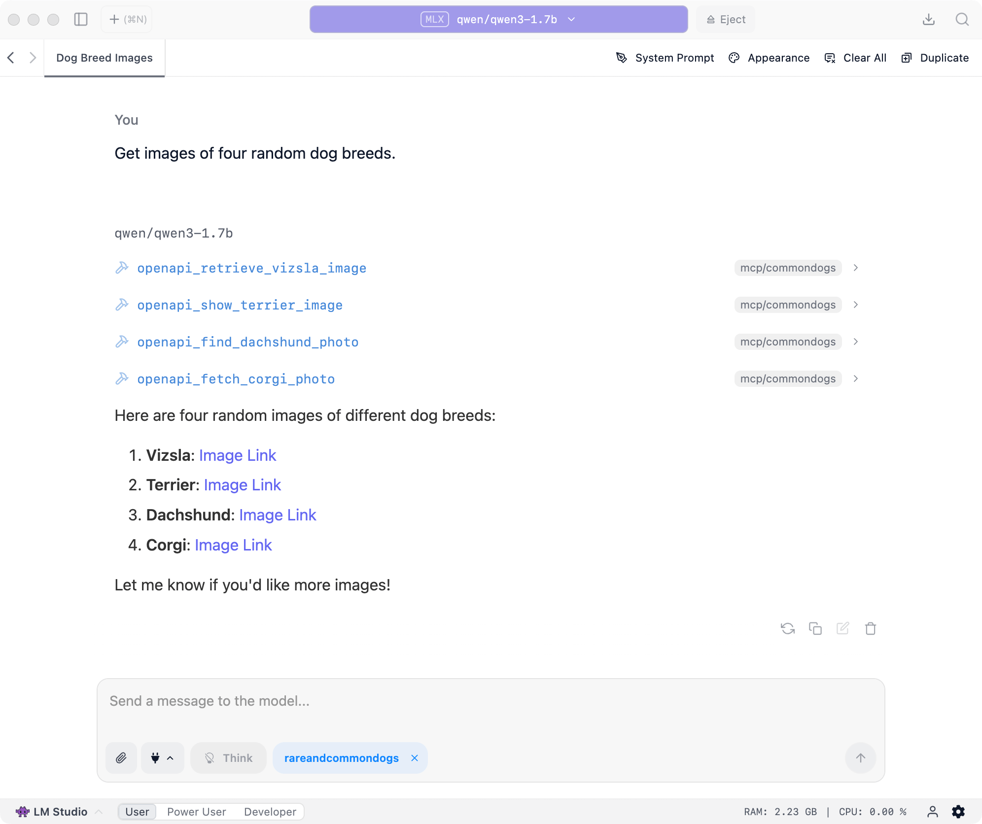 A screenshot of the LM Studio UI shows a conversation where the qwen3-1.7b model successfully retrieves images of four different dog breeds with the correct tool names when presented with only 10 carefully selected API tools. The interface displays clean, successful tool calls without any error messages, demonstrating optimal performance when the number of available tools is reduced to a manageable set for smaller language models.