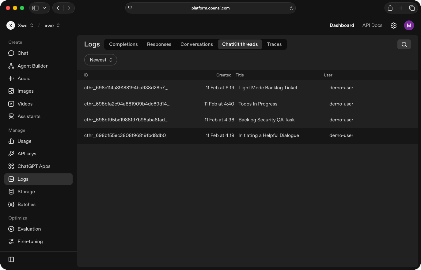 OpenAI ChatKit conversation threads