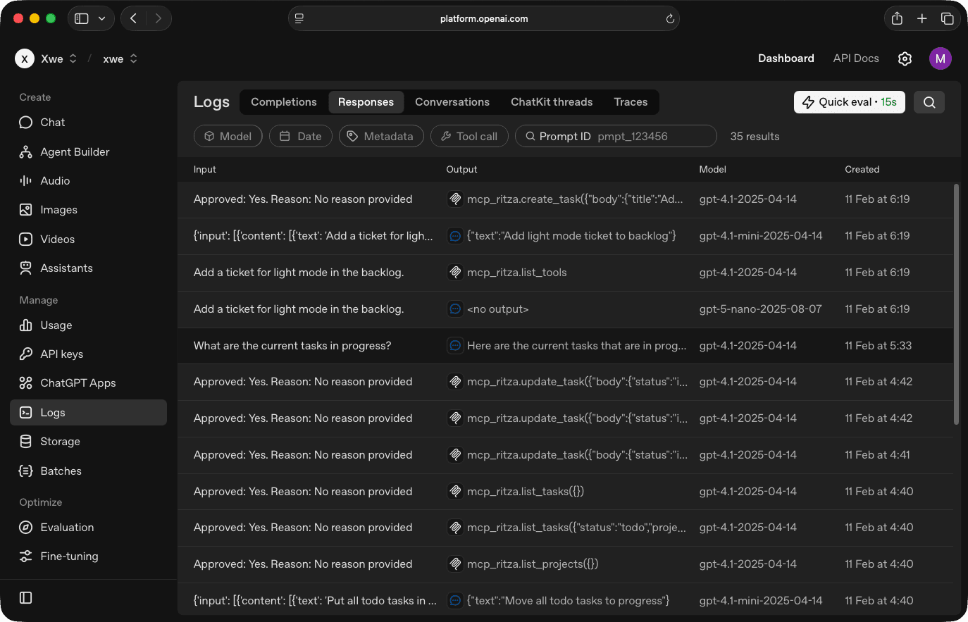 OpenAI response and tool call logs