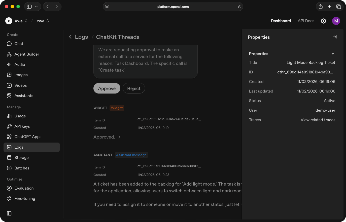 OpenAI thread messages and approval requests