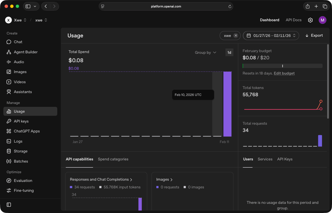 OpenAI platform usage dashboard