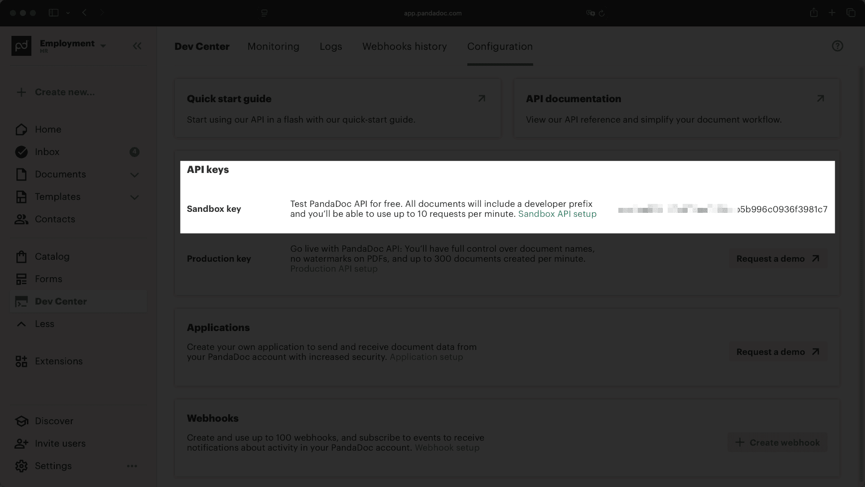 Screenshot of PandaDoc settings showing where to copy the generated Sandbox key
