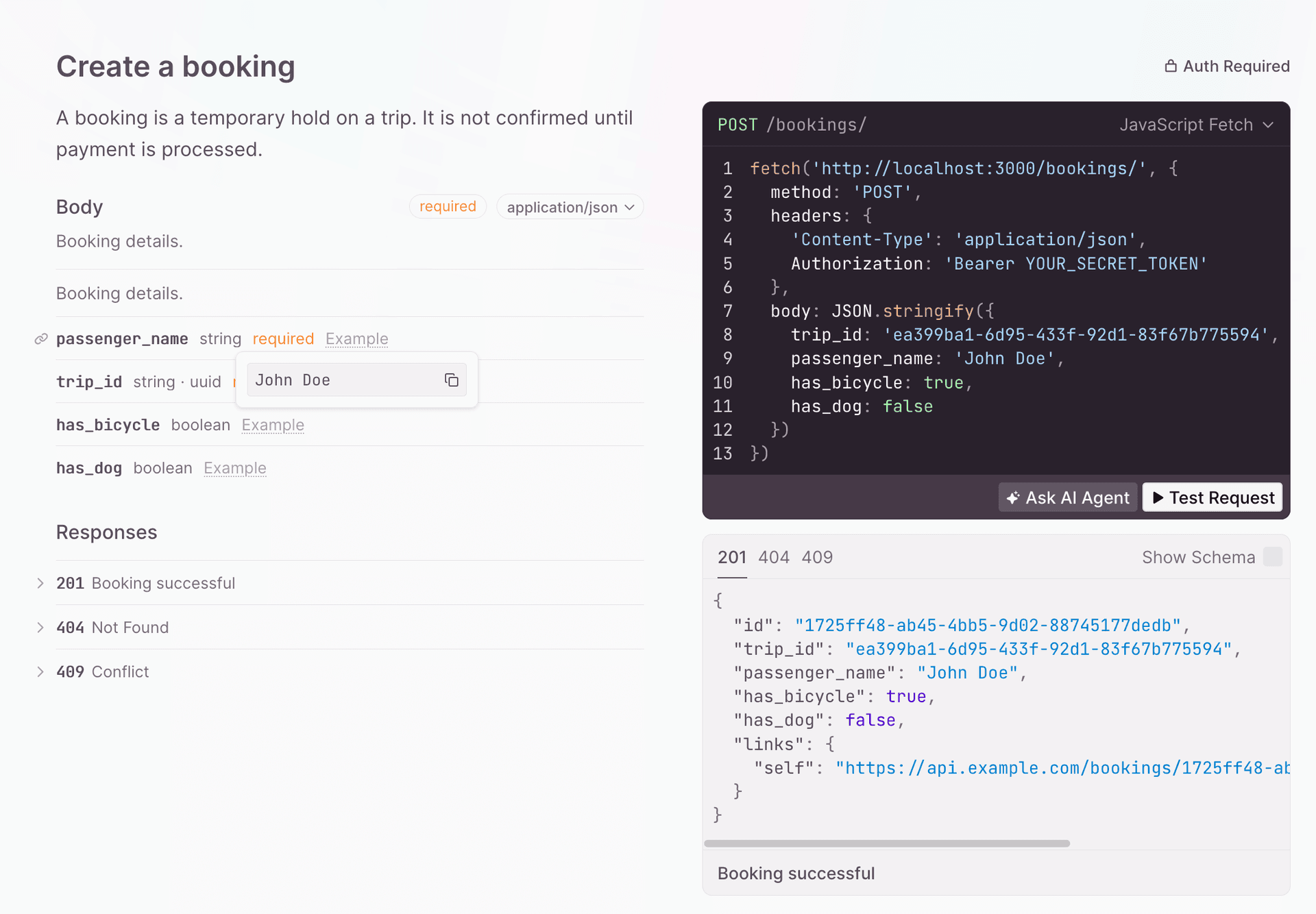 Example values in booking model
