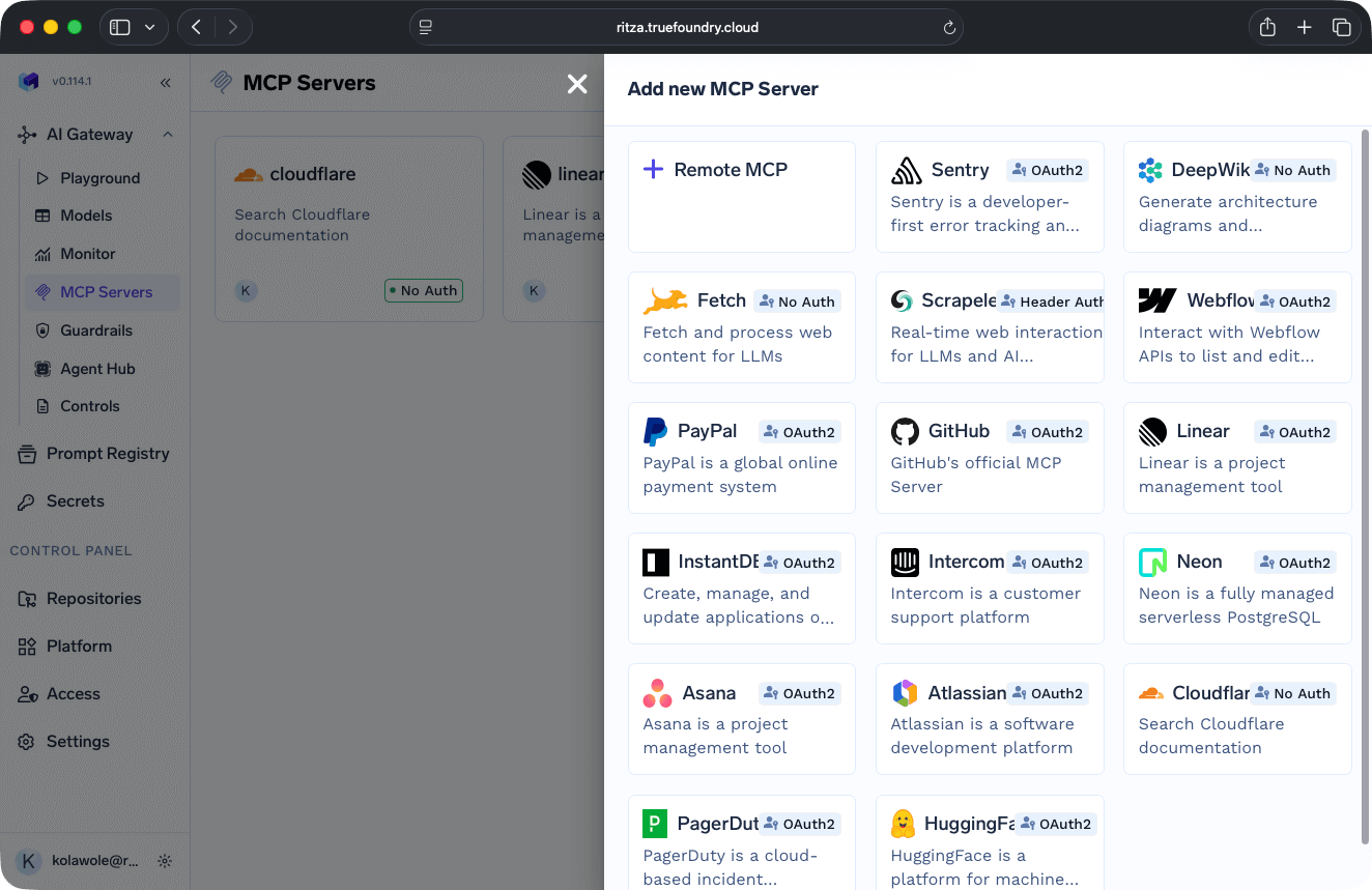 TrueFoundry catalog of pre-configured MCP servers