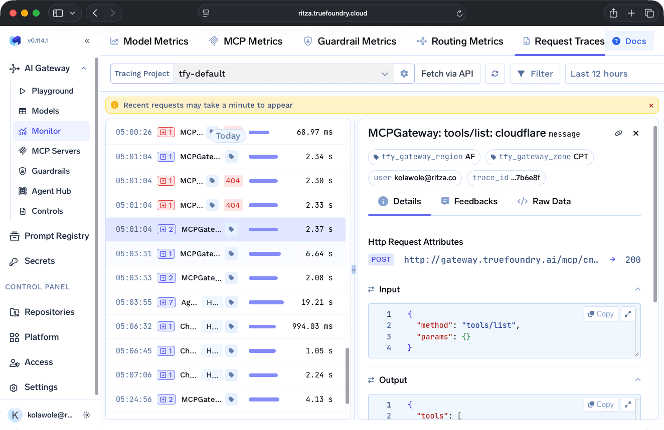 TrueFoundry request traces showing execution history