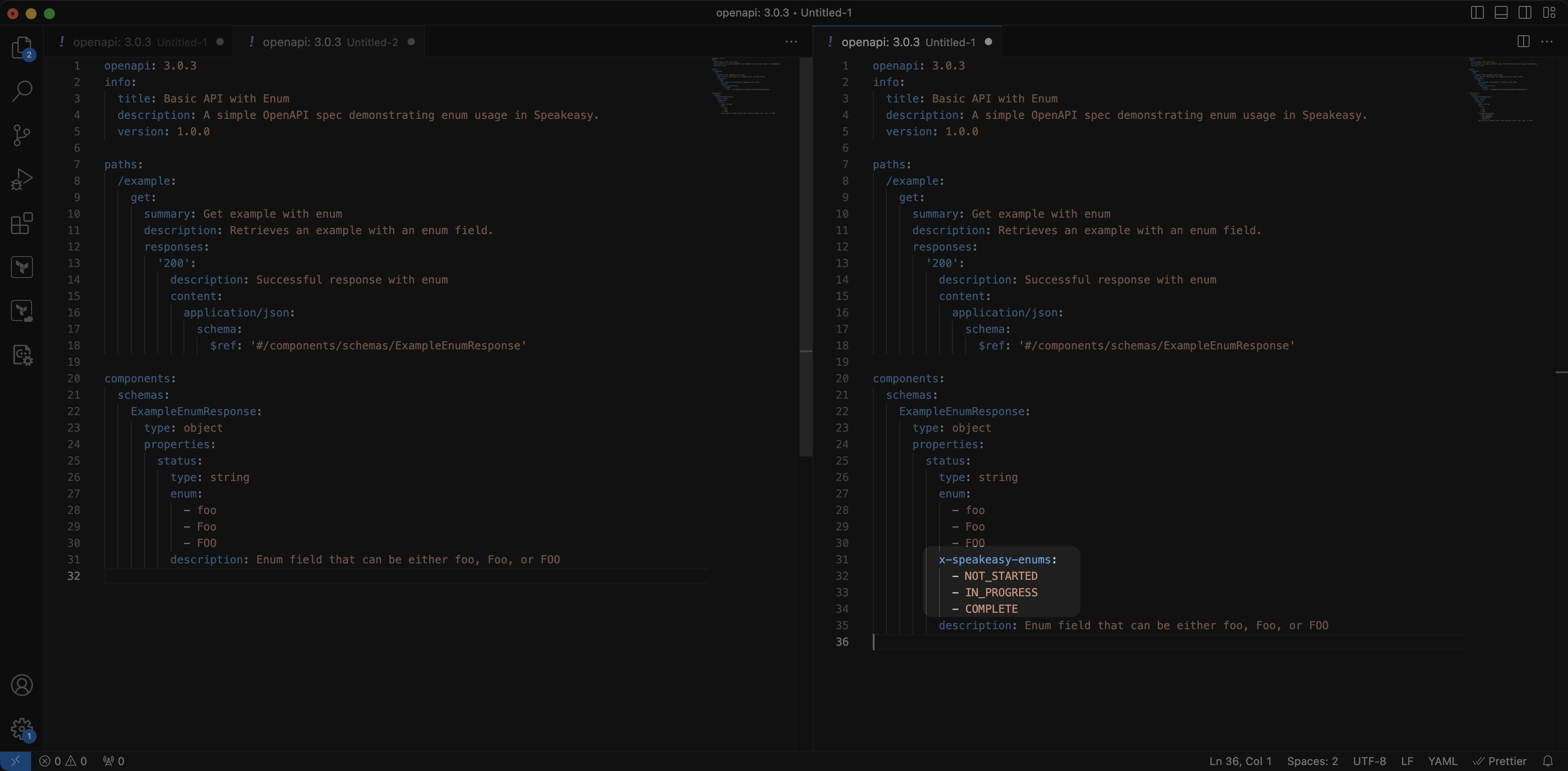 Screenshot showing a speakeasy extension in VS code editor.
