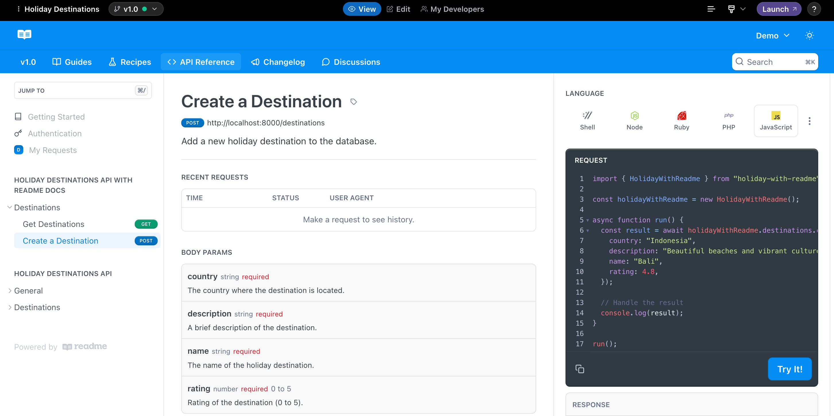 ReadMe docs with generated SDK code
samples