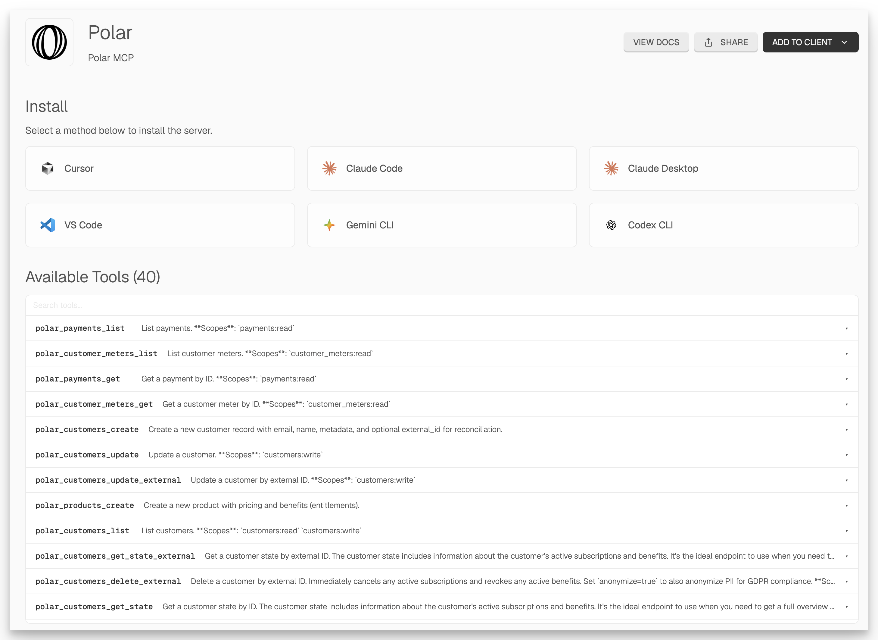 The Polar MCP install page, showing install buttons for Cursor, Claude Code, Claude Desktop, VS Code, Gemini CLI, and Codex CLI, alongside the full list of 40 available tools.