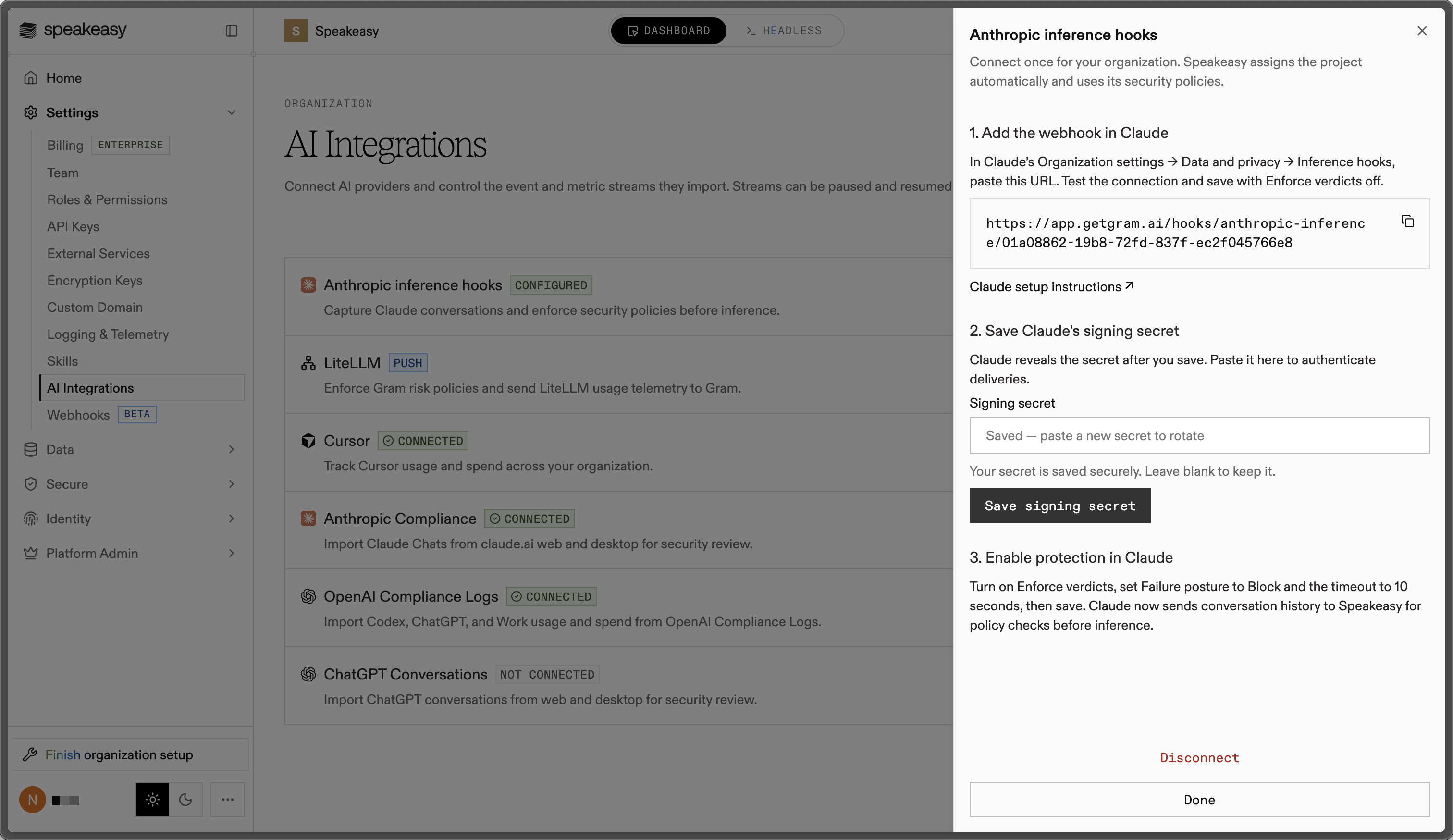 The Anthropic inference hooks panel in Speakeasy AI Integrations, with the webhook URL to paste into Claude, a field to save the signing secret Claude reveals, and instructions to turn on Enforce verdicts